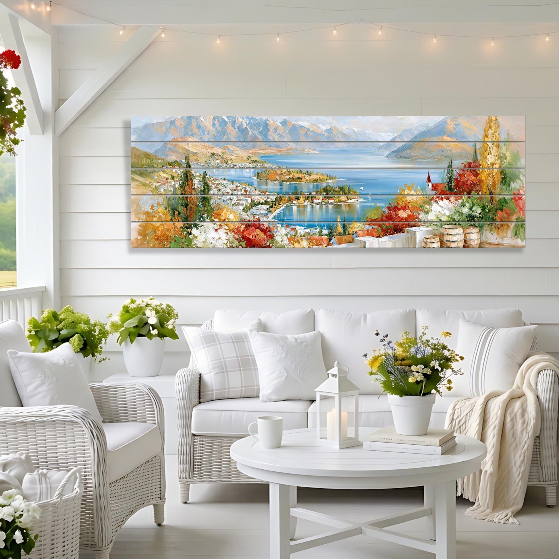 a cozy living room with a large, colorful painting of a scenic landscape hanging on the wall. The painting features a picturesque view of a lake surrounded by mountains, with a small town nestled in the valley. The room is furnished with a white sofa, wicker chairs, and a coffee table with a vase of flowers. The overall atmosphere of the room is warm and inviting, with the painting serving as a focal point and enhancing the space's aesthetic appeal.
