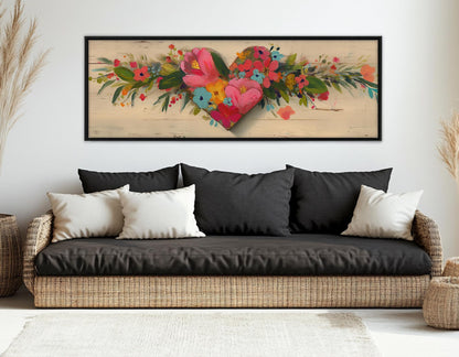 Rustic Floral Heart Canvas - Framed Gallery Wrapped Wall Art, Ready to Hang