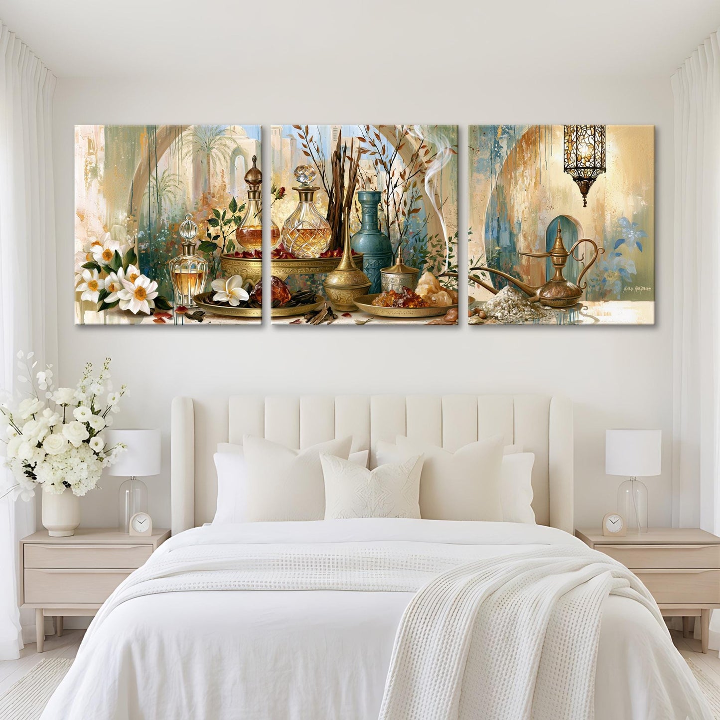 The image is a large, three-panel painting displayed on a white wall above a bed with white bedding. The paintings depict various decorative items, including vases, flowers, and other ornamental objects, arranged in a harmonious and visually appealing manner.