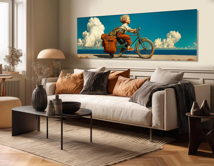 Retro Bike Wall Art - Boy Riding a Bike Print | Framed Canvas, Ready to Hang