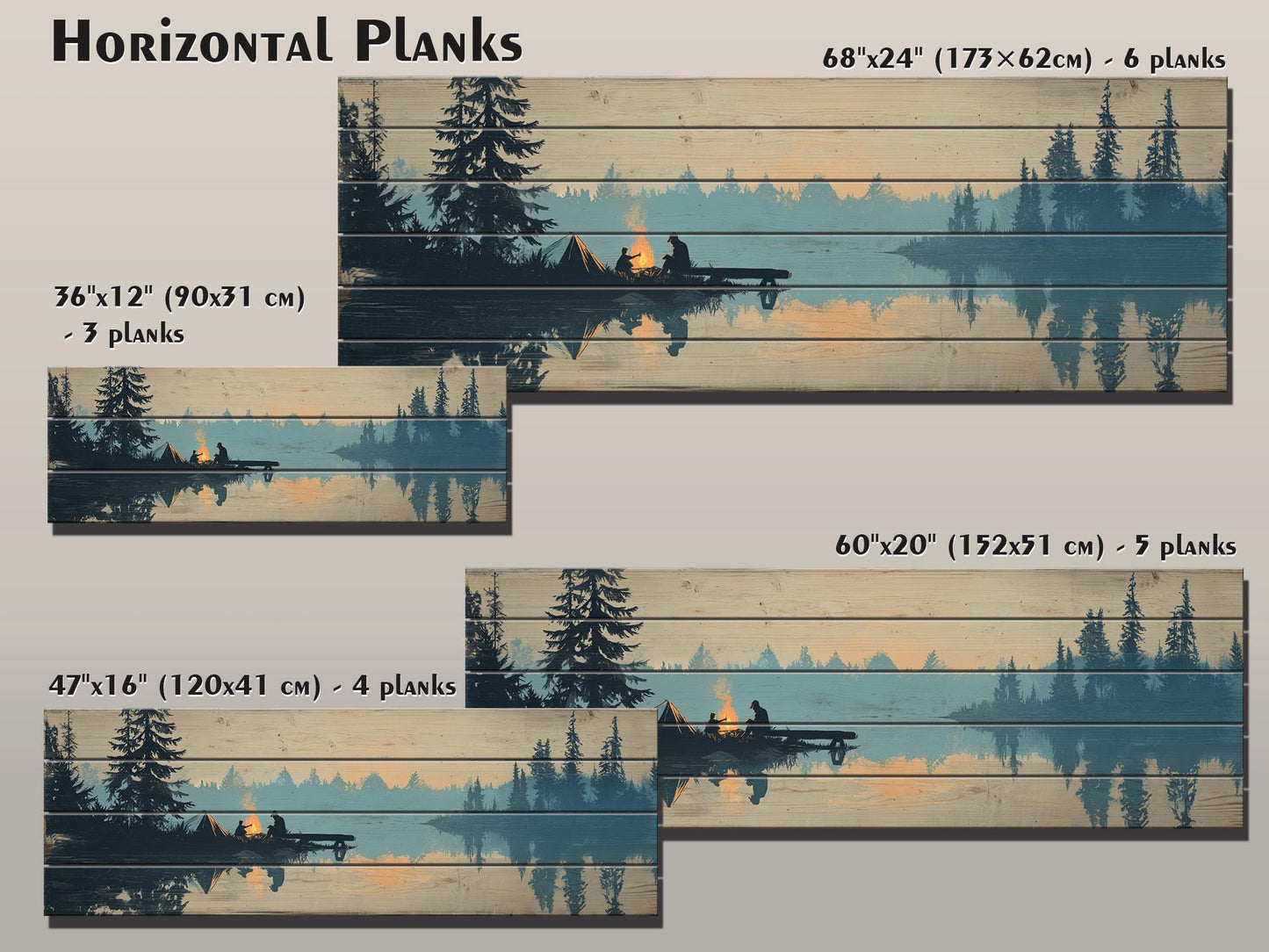 Campfire Print on Wood – Rustic Wood Decor with Mountain Lake and Warm Firelight