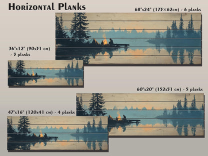 Campfire Print on Wood – Rustic Wood Decor with Mountain Lake and Warm Firelight
