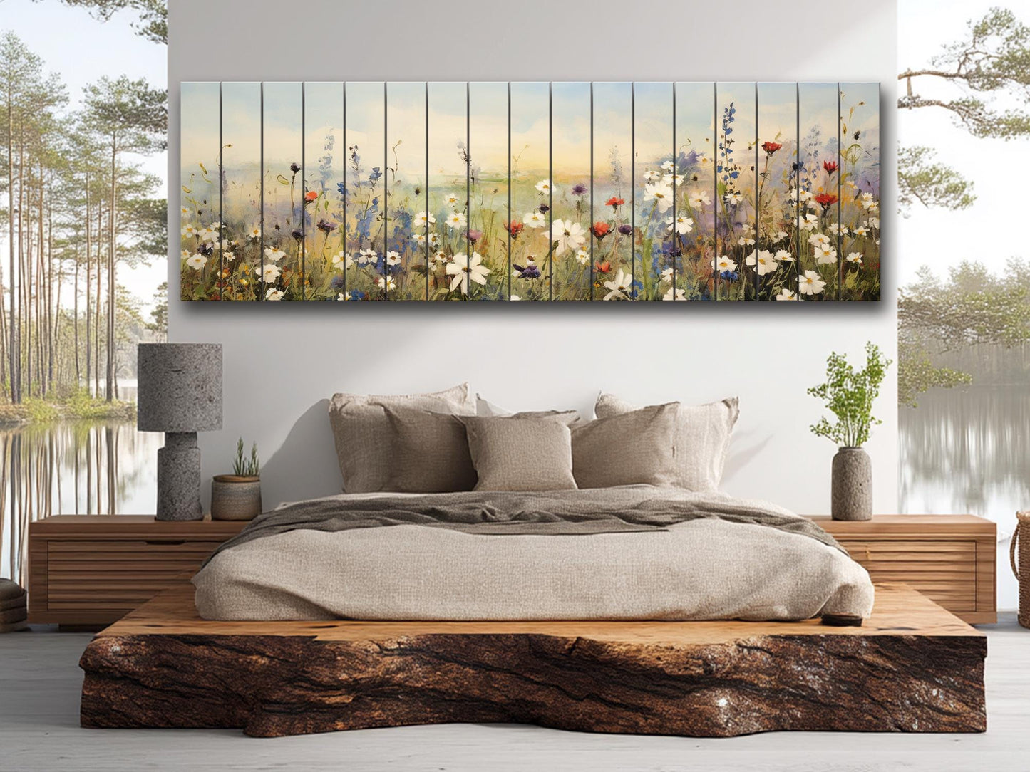 Whimsical Field of Wild Flowers Printed On Natural Wood - Rustic Wall Art