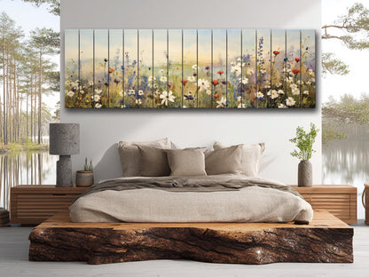 Whimsical Field of Wild Flowers Printed On Natural Wood - Rustic Wall Art