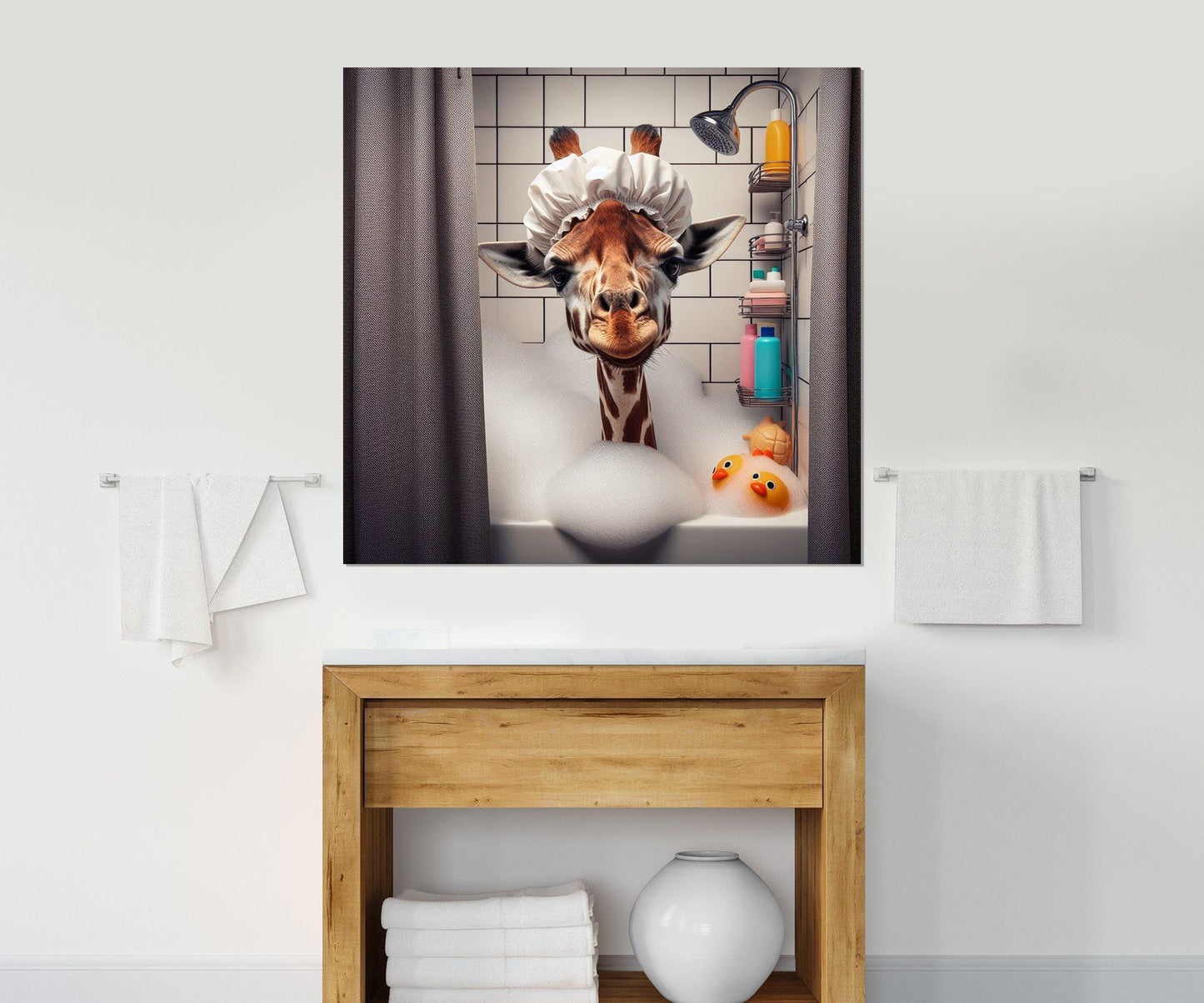 Giraffe Bathroom Art – Cute Animal Canvas With Wood Frame, Nursery Wall Decor