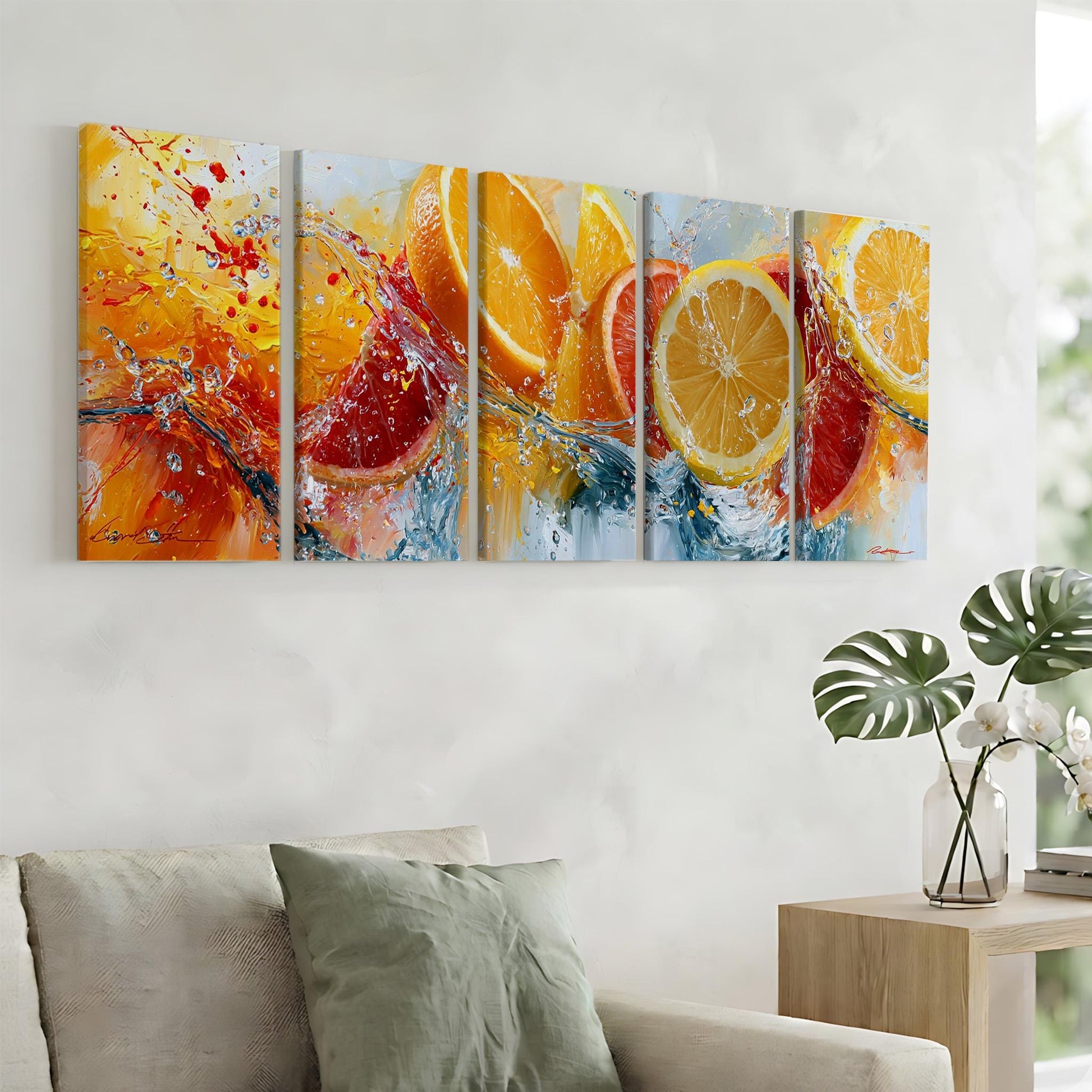 a vibrant and colorful painting of oranges and lemons, with splashes of red, yellow, and orange hues, creating a lively and energetic atmosphere.