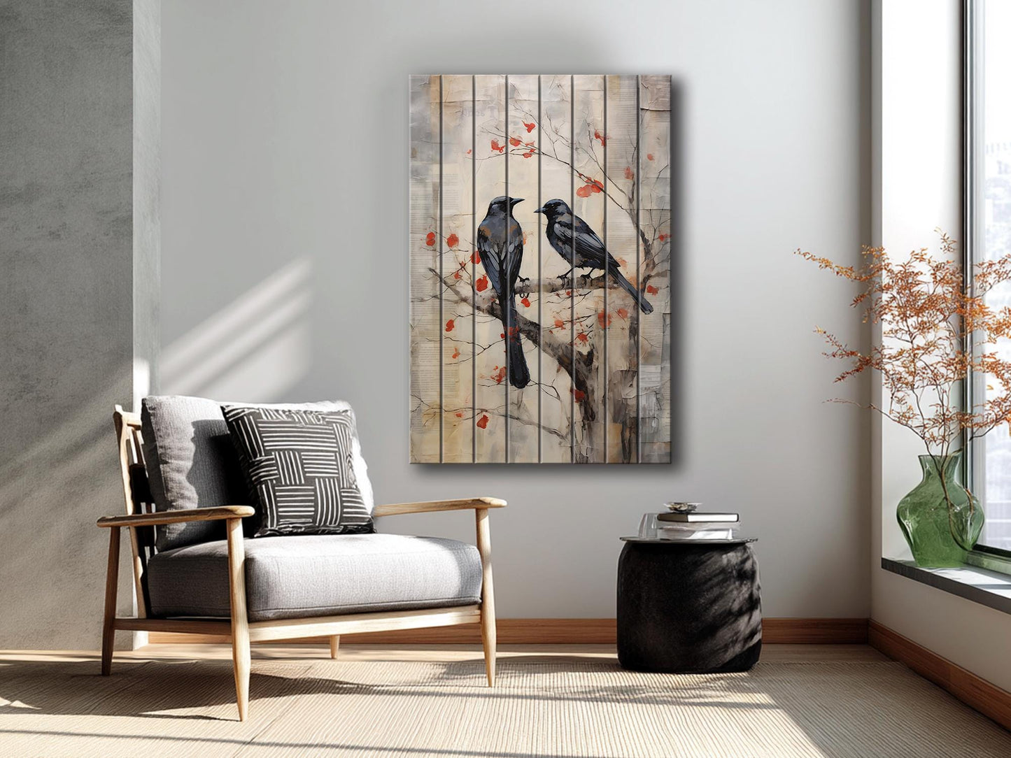 Vintage Crow Art Print – Rustic Wildlife Wall Art On Natural Wood Planks