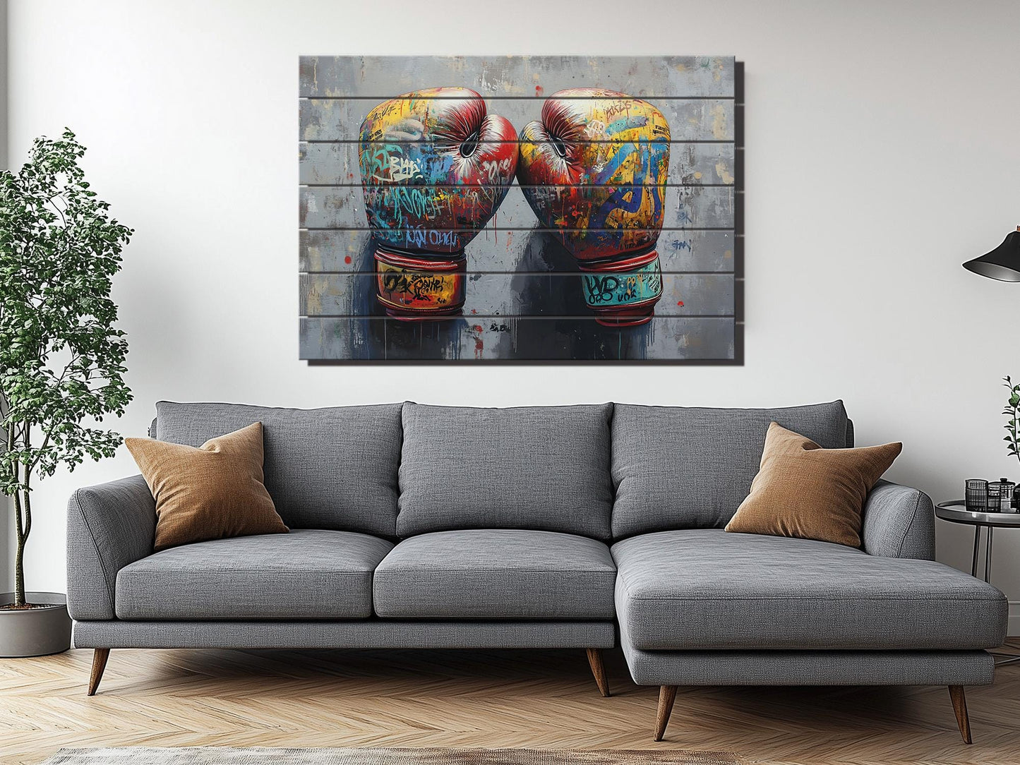 Abstract Boxing Gloves Print On Natural Wood - Sports Wall Art
