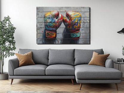 Abstract Boxing Gloves Print On Natural Wood - Sports Wall Art