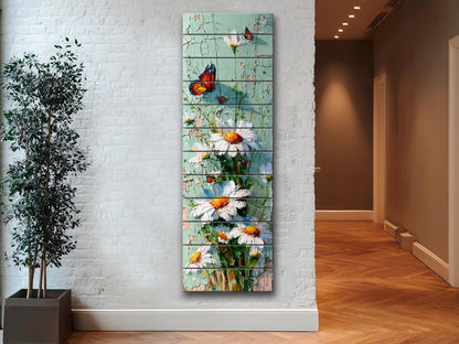 Butterfly and Daisies Wall Art – Rustic Floral Decor on Wooden Panels for Farmhouse Style