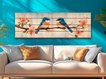 Wood Wall Art - Chubby Bluebirds on a Flowering Branch Print on Natural Wood, Birds Wall Art, Cozy Cabin Wall Decor, Rustic Bluebirds Print