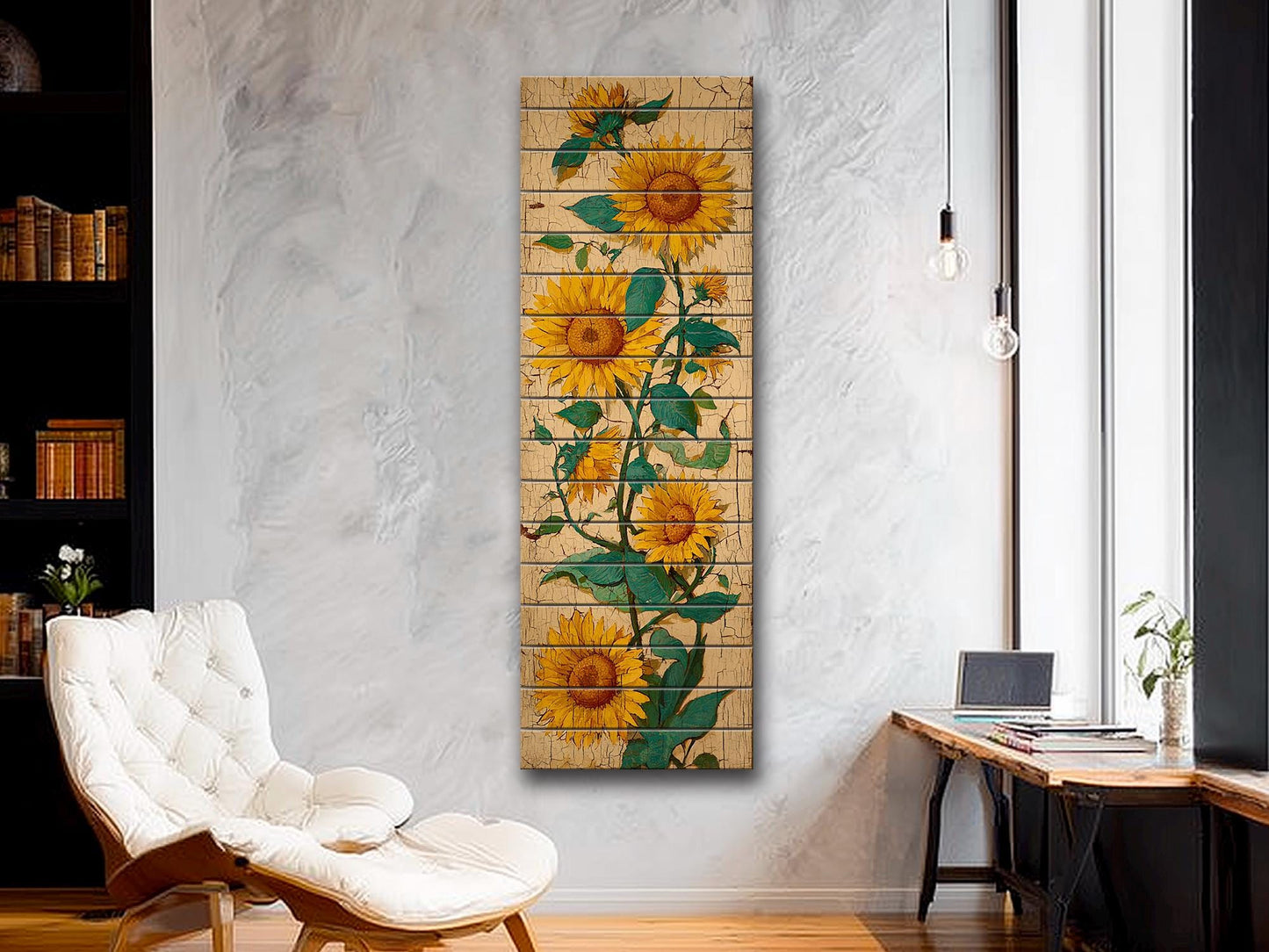 Sunflowers Wood Art – Rustic Wall Decor | Vibrant Floral Print on Natural Wood Planks