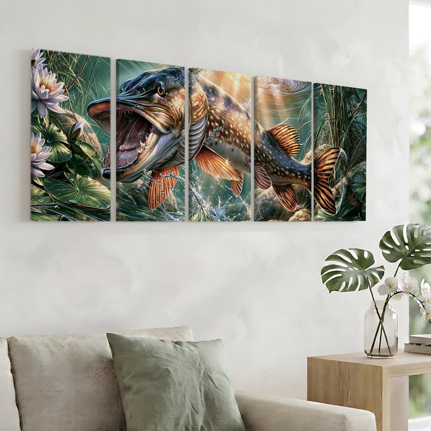 a large, colorful painting of a fish with an open mouth, hanging on a wall above a couch in a living room setting.