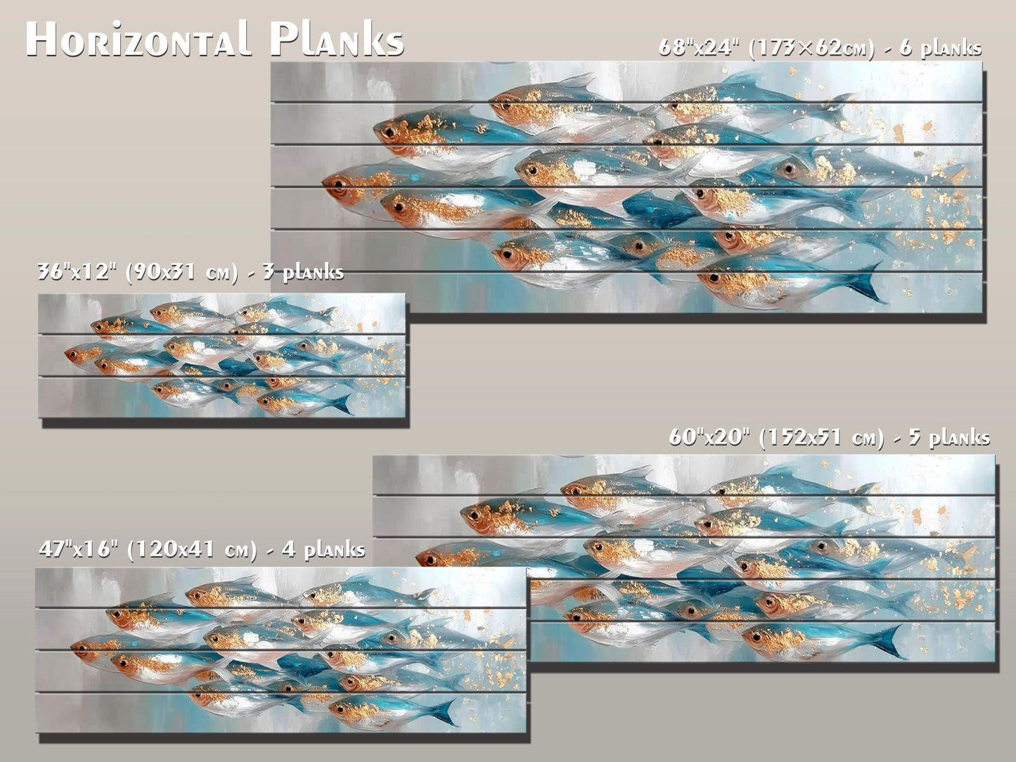 School of Fish Print on Wood, Marine Abstract Painting, Coastal Wall Art
