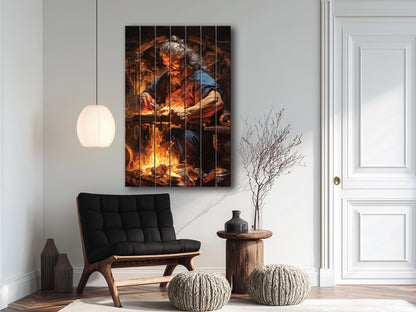 Hephaestus Wood Print – Rustic Blacksmith Wall Decor | Natural Wood Art Panel