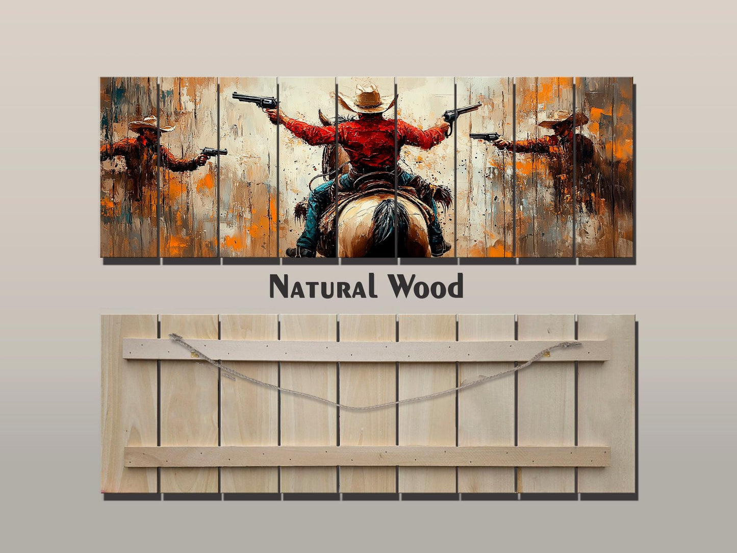 Wild West Wall Art - Retro Style Cowboys Painting Printed on Natural Wood, Western Wall Decor, Western Movie Lover Gift, Wild West Print
