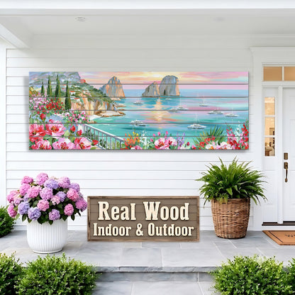 a large painting of a coastal landscape with boats on the water, displayed on a white wall above a wooden sign that reads "Real Wood Indoor & Outdoor". The painting is surrounded by potted plants and flowers, creating a welcoming and natural atmosphere.