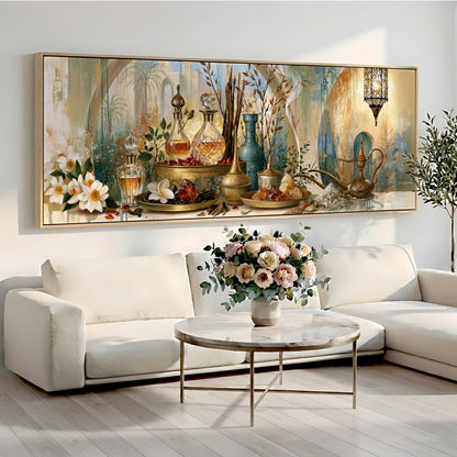 a large painting of a still life arrangement on a wall, with various objects such as vases, bottles, and flowers. The painting is displayed above a white sofa and a round coffee table, creating a cozy and inviting atmosphere in the living room.