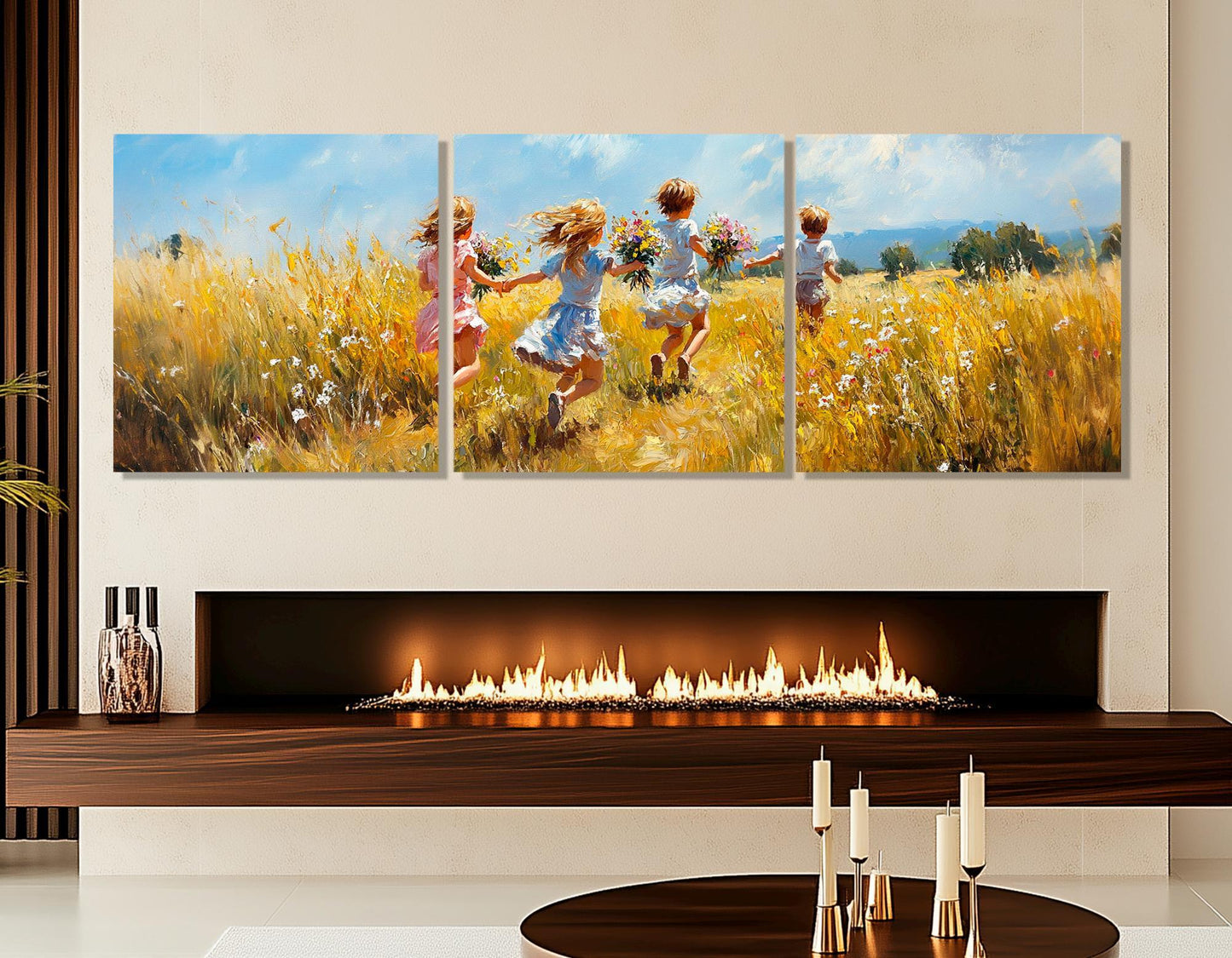 Joyful Kids Canvas – Running Children Flower Field Wall Art | Framed Ready to Hang