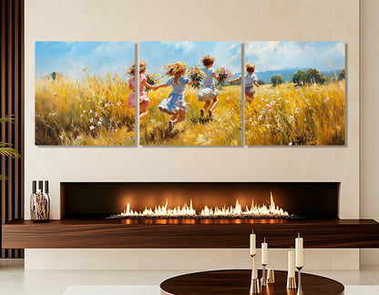Joyful Kids Canvas – Running Children Flower Field Wall Art | Framed Ready to Hang