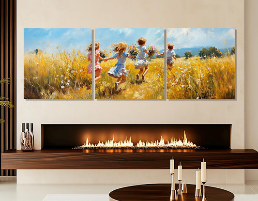 Joyful Kids Canvas – Running Children Flower Field Wall Art | Framed Ready to Hang