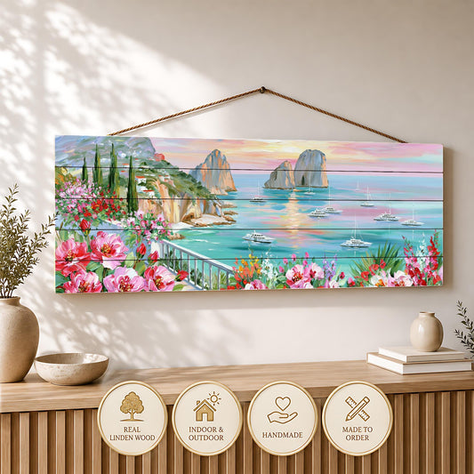 a wooden wall hanging with a vibrant painting depicting a picturesque coastal scene with boats, flowers, and a sunset over the water.