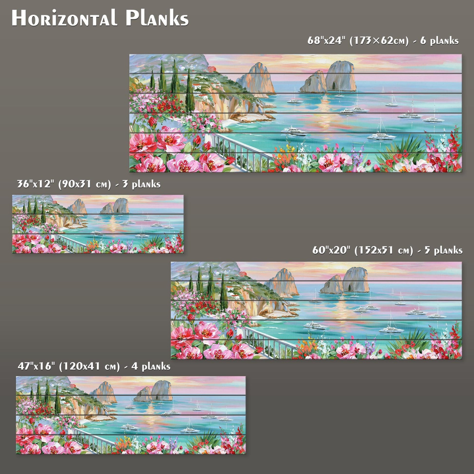 three different horizontal plank paintings depicting a scenic coastal landscape with boats and flowers. The paintings vary in size, with the largest one being 60 inches by 120 inches and the smallest one being 60 inches by 120 inches. The paintings are labeled with their respective dimensions, providing a clear visual representation of the artwork's size and layout.
