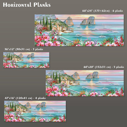 three different horizontal plank paintings depicting a scenic coastal landscape with boats and flowers. The paintings vary in size, with the largest one being 60 inches by 120 inches and the smallest one being 60 inches by 120 inches. The paintings are labeled with their respective dimensions, providing a clear visual representation of the artwork's size and layout.