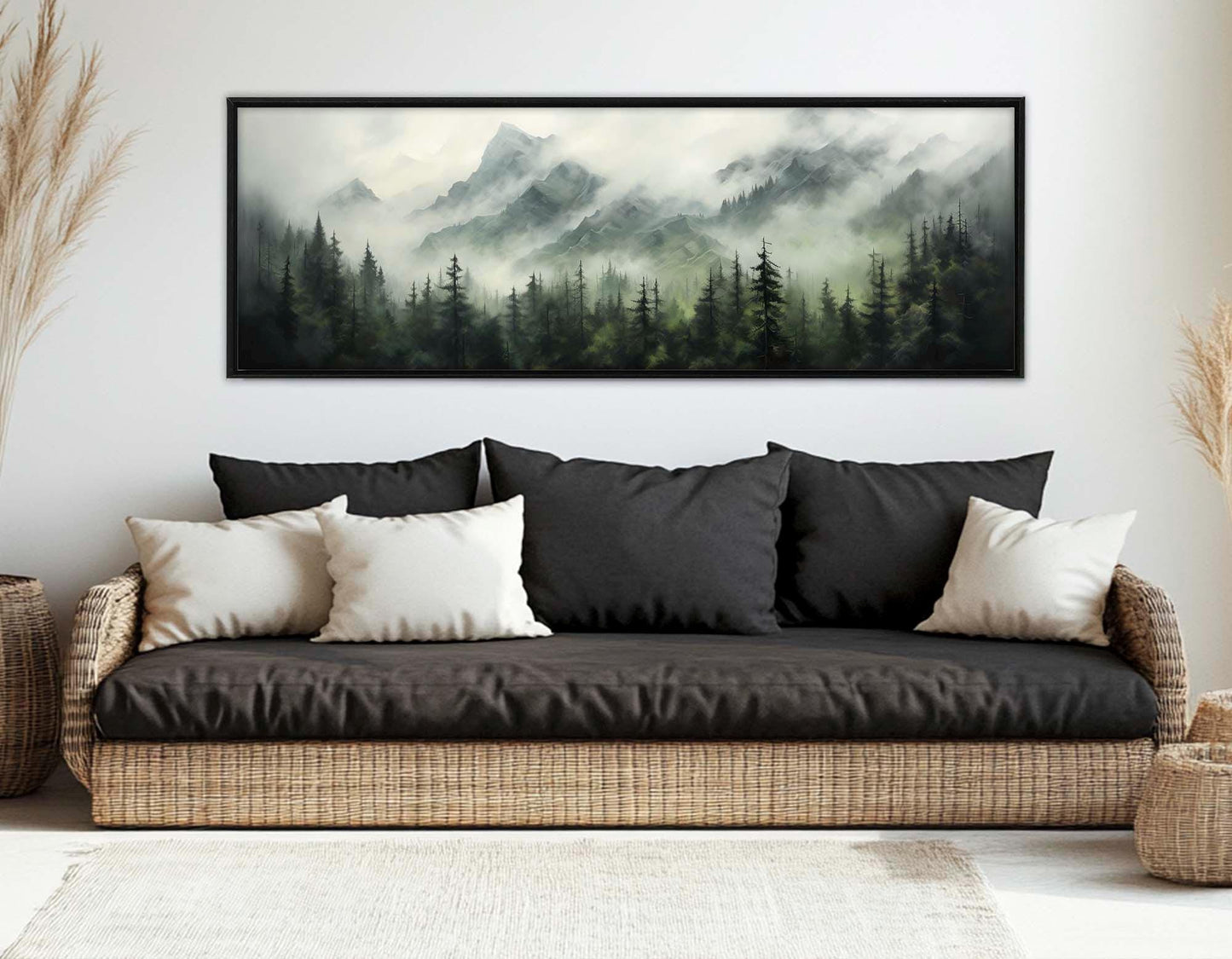 Misty Mountain Forest Canvas – Foggy Pine Trees Painting | Framed & Ready to Hang