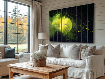 Tennis Wall Art – Abstract Tennis Painting on Natural Wood Plank Artwork