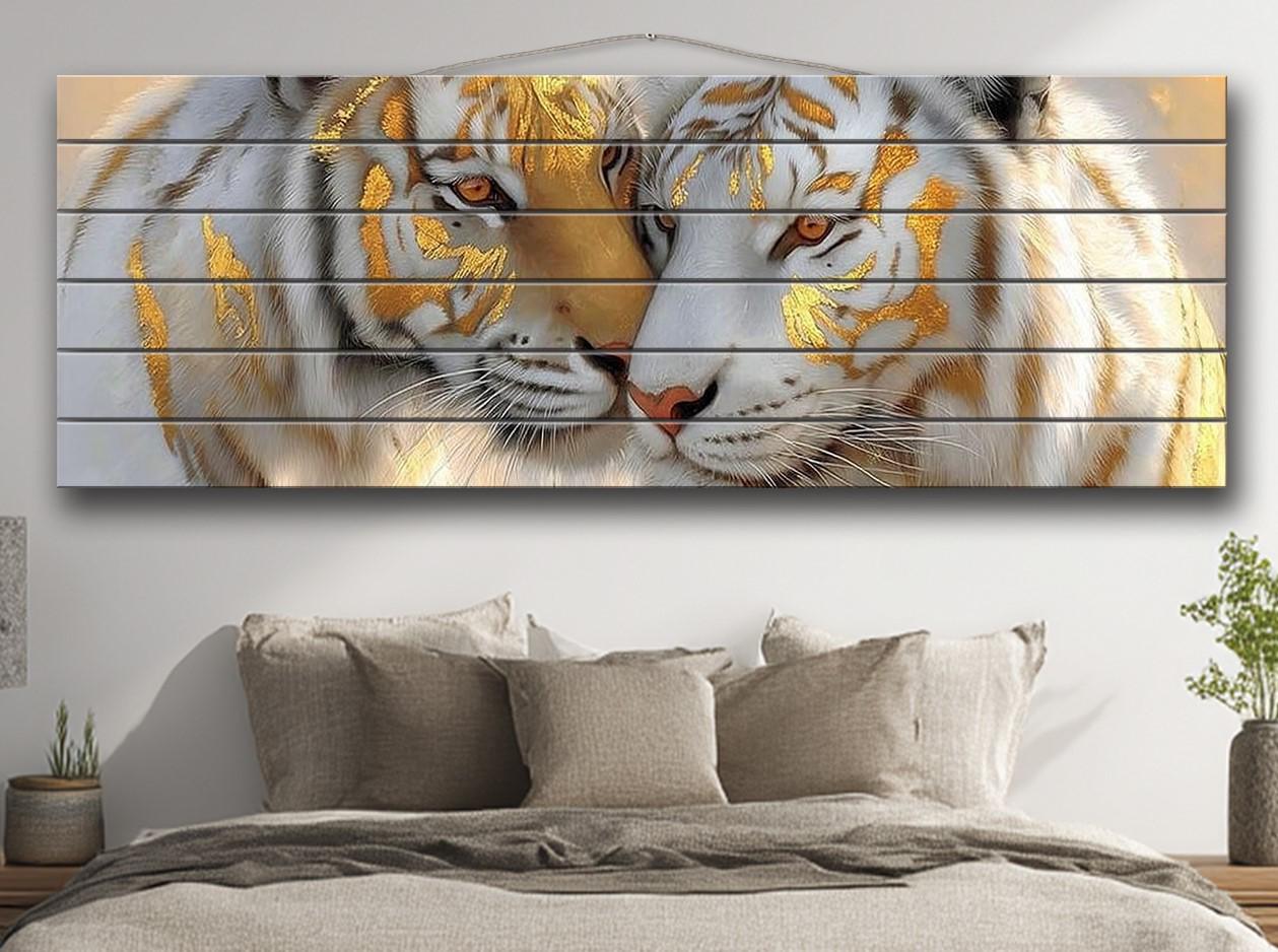 Majestic Tigers Print on Wood, Romantic Wildlife Painting, Exotic Wall Decor