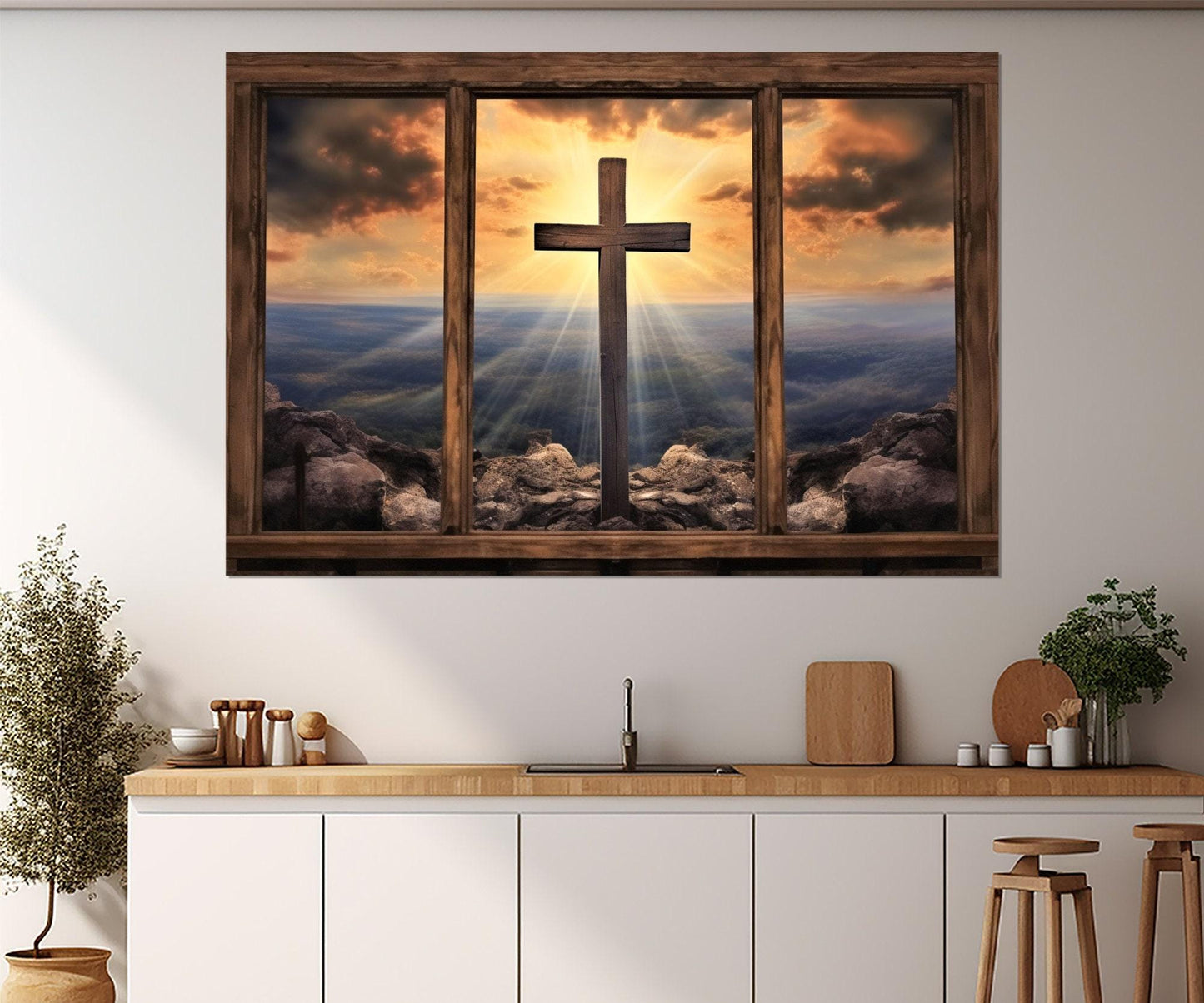 Christian Wall Art – Window with Cross and Mountain View | Framed Canvas Print