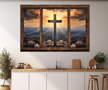 Christian Wall Art – Window with Cross and Mountain View | Framed Canvas Print