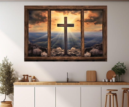 Christian Wall Art – Window with Cross and Mountain View | Framed Canvas Print