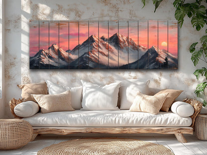 Mountain Landscape at Sunset with Snow-Capped Peaks Print on Natural Wood, Mountains Sunset Painting, Mountains Rustic Wood Wall Art
