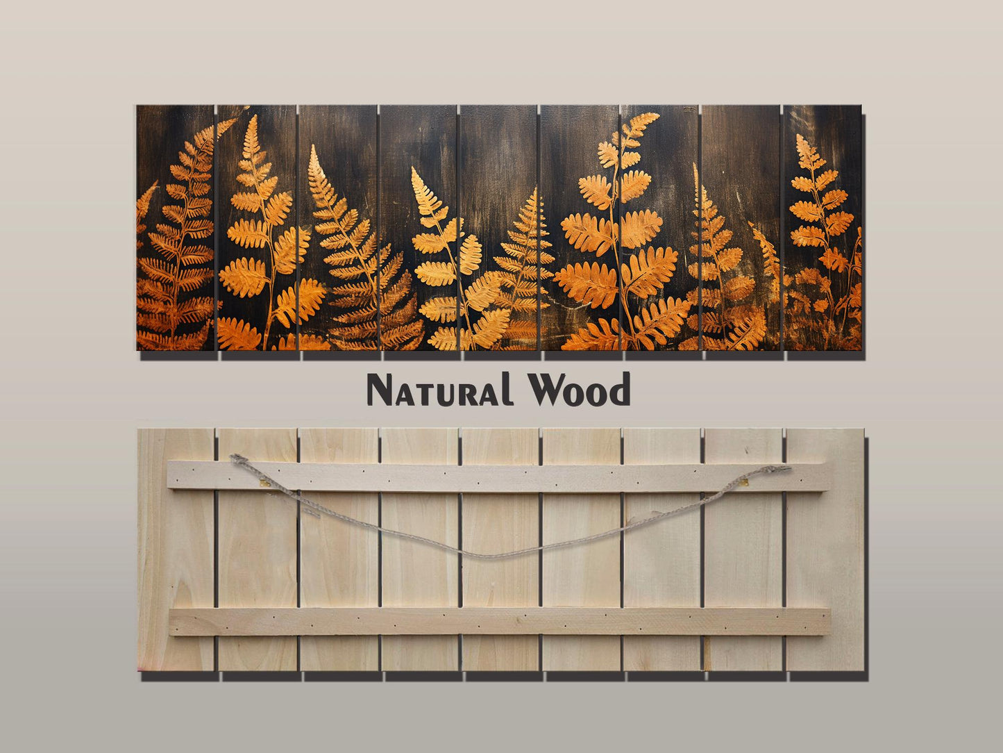 Golden Ferns Rustic Art Printed on Natural Wood – Botanical Wall Decor