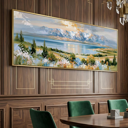 a large landscape painting hanging on a wooden wall, depicting a serene mountain scene with a lake and flowers.