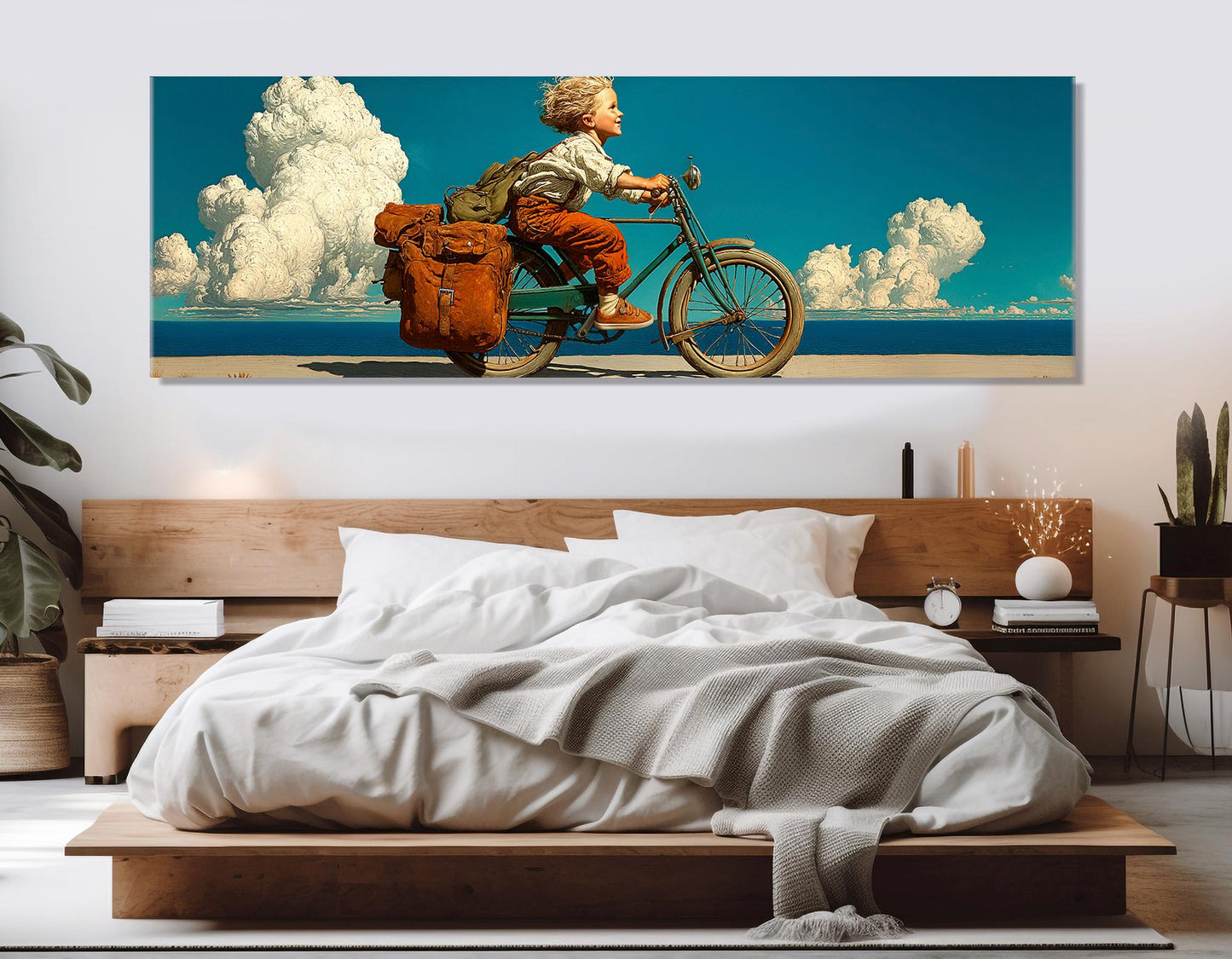 Retro Bike Wall Art - Boy Riding a Bike Print | Framed Canvas, Ready to Hang