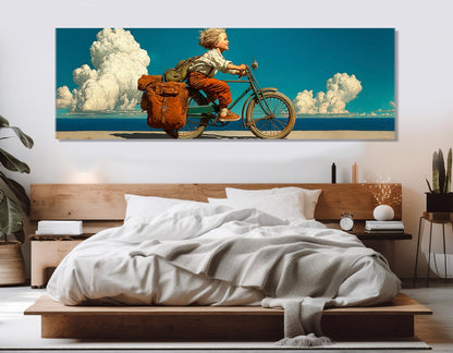 Retro Bike Wall Art - Boy Riding a Bike Print | Framed Canvas, Ready to Hang