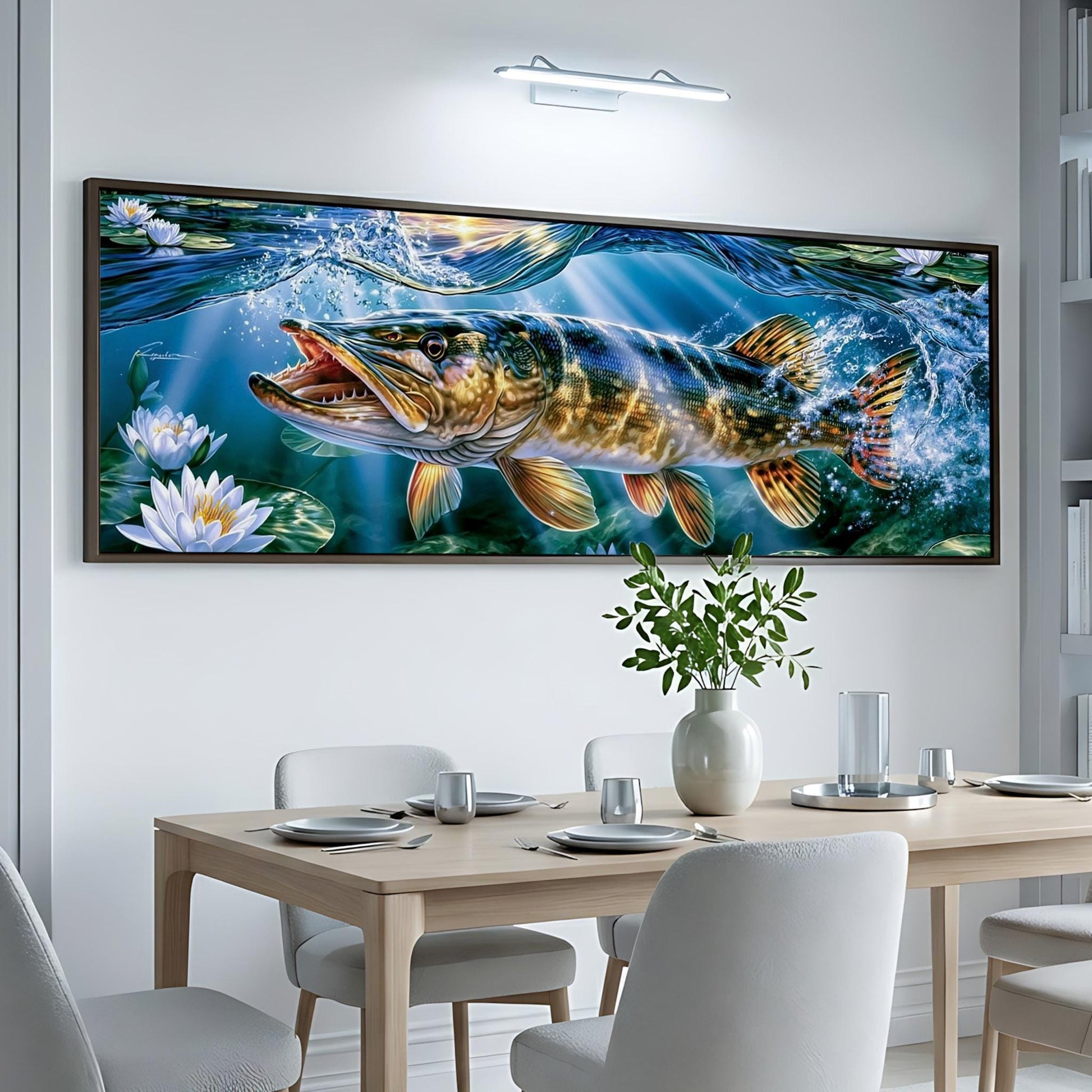a large, vibrant painting of a fish swimming in a blue and green underwater scene, hanging on a white wall above a dining table with chairs.