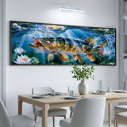 a large, vibrant painting of a fish swimming in a blue and green underwater scene, hanging on a white wall above a dining table with chairs.
