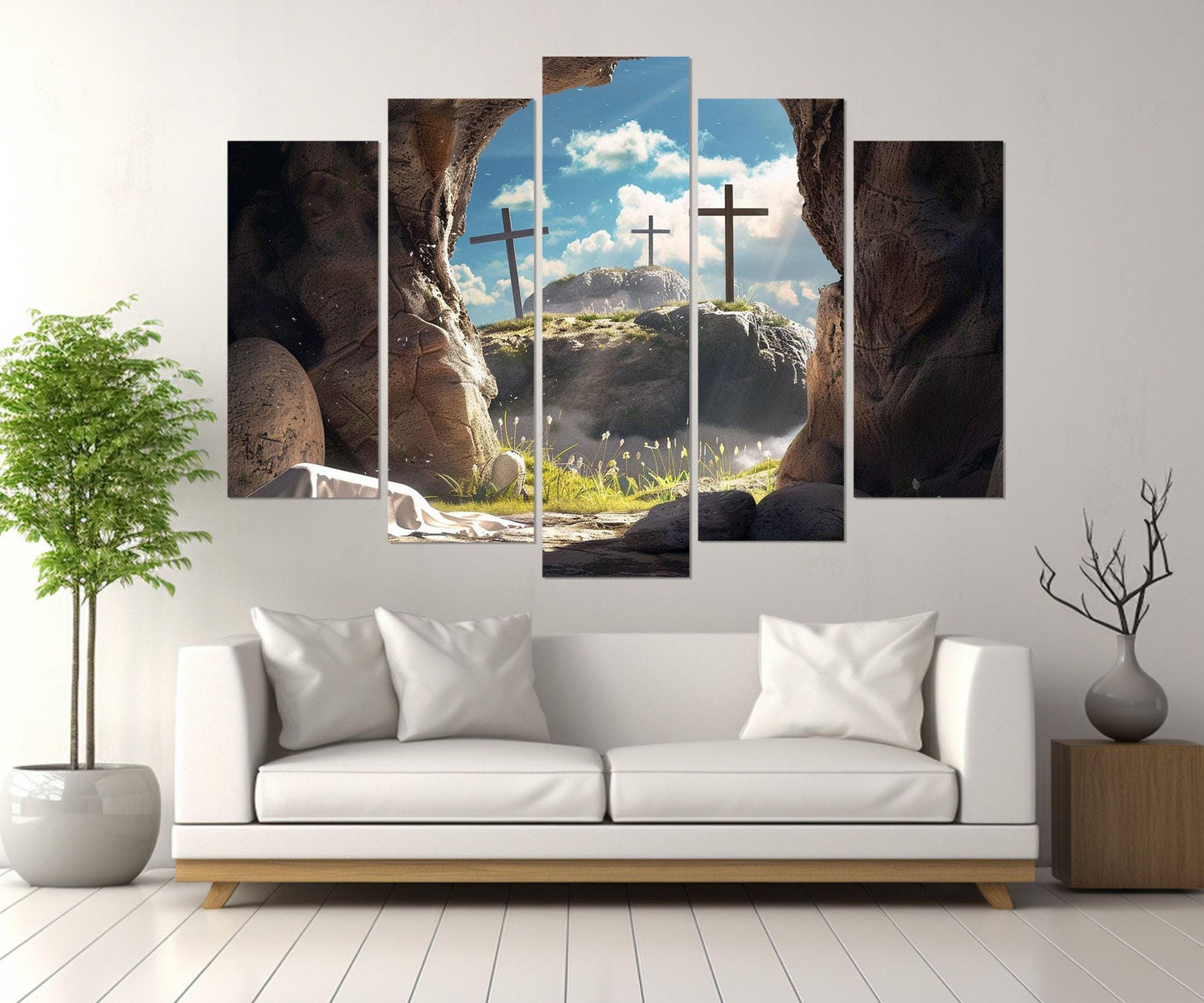 Empty Tomb and Three Crosses Symbolizing Jesus Resurrection Canvas Print, Framed and Ready to Hang