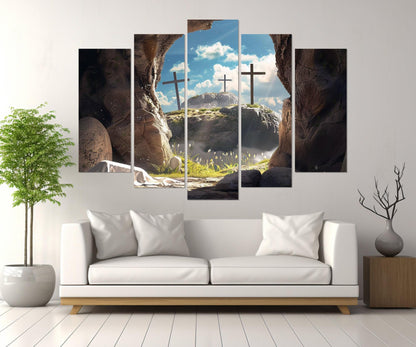 Empty Tomb and Three Crosses Symbolizing Jesus Resurrection Canvas Print, Framed and Ready to Hang