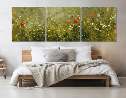 Green Meadow Canvas Print – Floral Wall Art with Poppies and Daisies | Ready to Hang