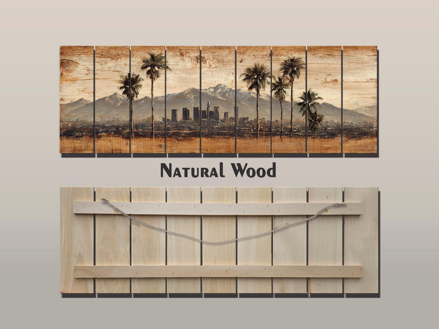 Los Angeles Wood Art - Rustic Wood Print With Palm Trees & Mountains | Farmhouse Wall Decor