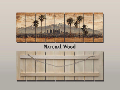 Los Angeles Wood Art - Rustic Wood Print With Palm Trees & Mountains | Farmhouse Wall Decor