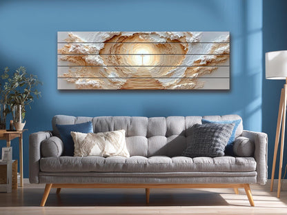 Path to Glowing Cross Print on Natural Wood, Christian Wall Art