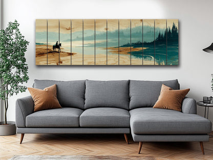 Horse River Wall Art – Rustic Cabin Wood Plank Artwork With Calm Water Landscape