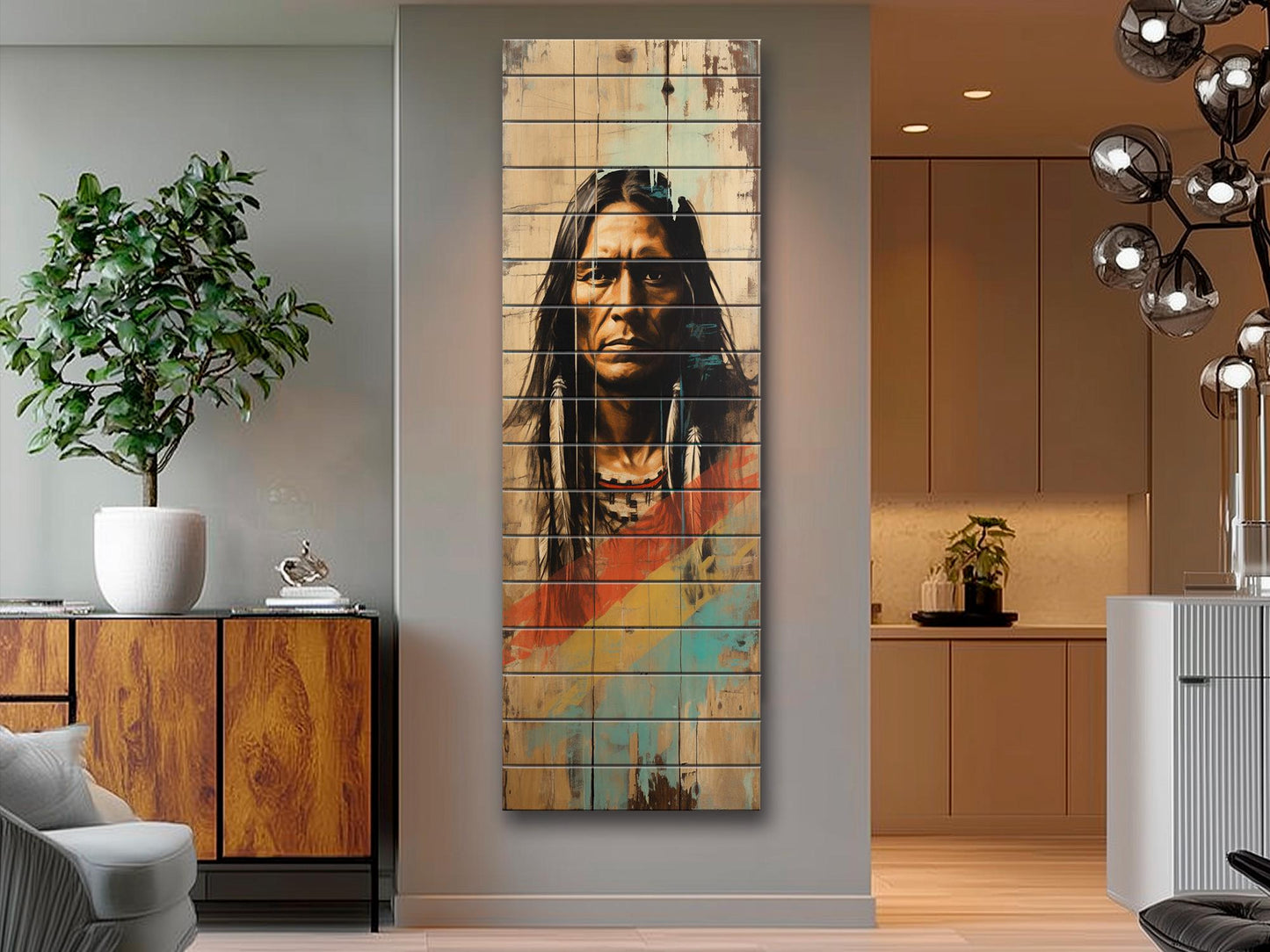 Native American Art Print – Tribal Wall Decor on Natural Wood Plank