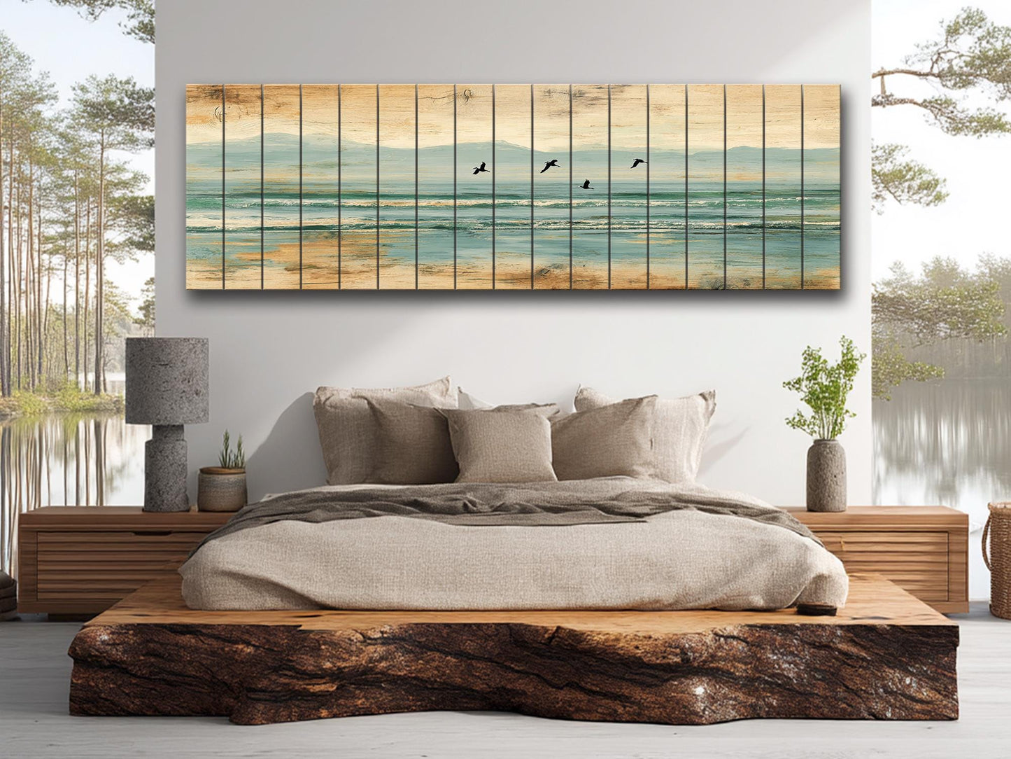 Coastal Wood Art – Pelican Wall Print on Natural Linden Wood, Rustic Beach Decoration